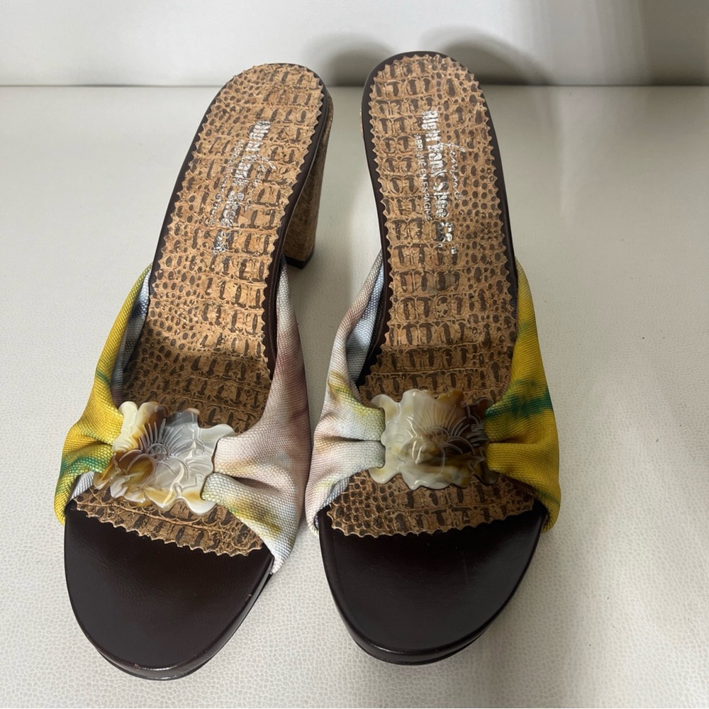 Right Bank Shoe Co. Yellow and Brown tropical Heels with 3” heels.  size 11